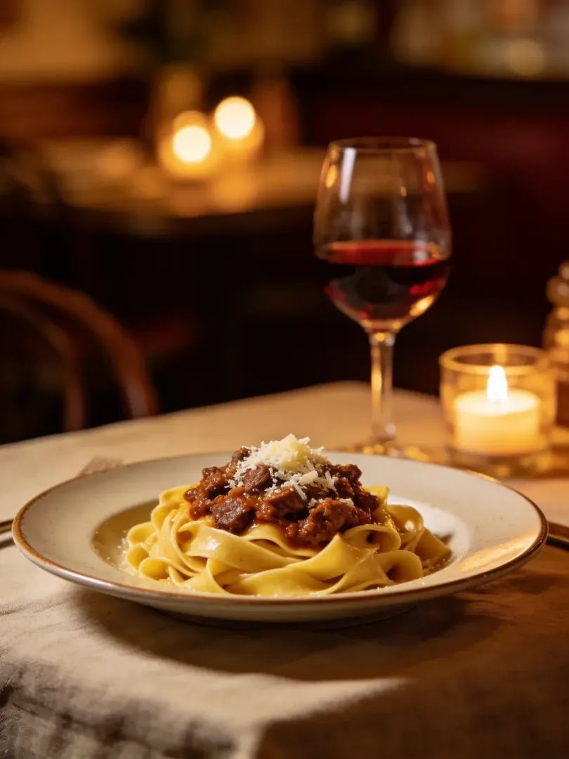 Osteria Lume: Tagliatelle mit Ragù und ein Glas Rotwein