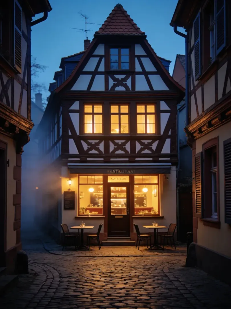 Weinstube Lenz: Fachwerkhaus mit beleuchteter Weinstube am Abend