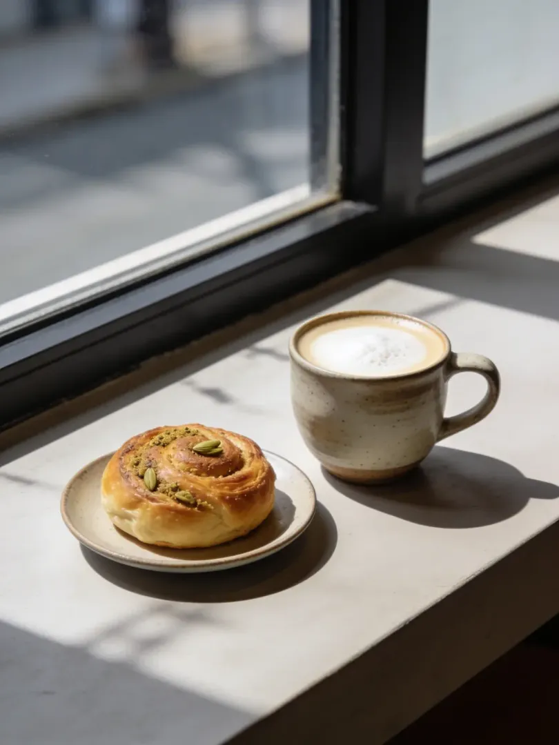 Kaffeeküche: Cappuccino und Zimtschnecke auf der Fensterbank